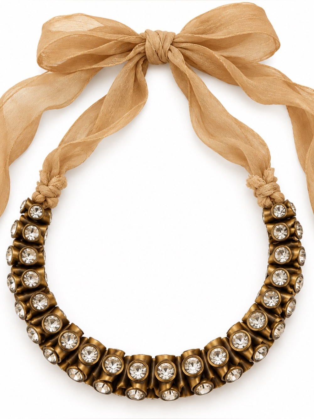 Bronze Tone Rhinestone Statement Necklace Ribbon Tie Adjustable